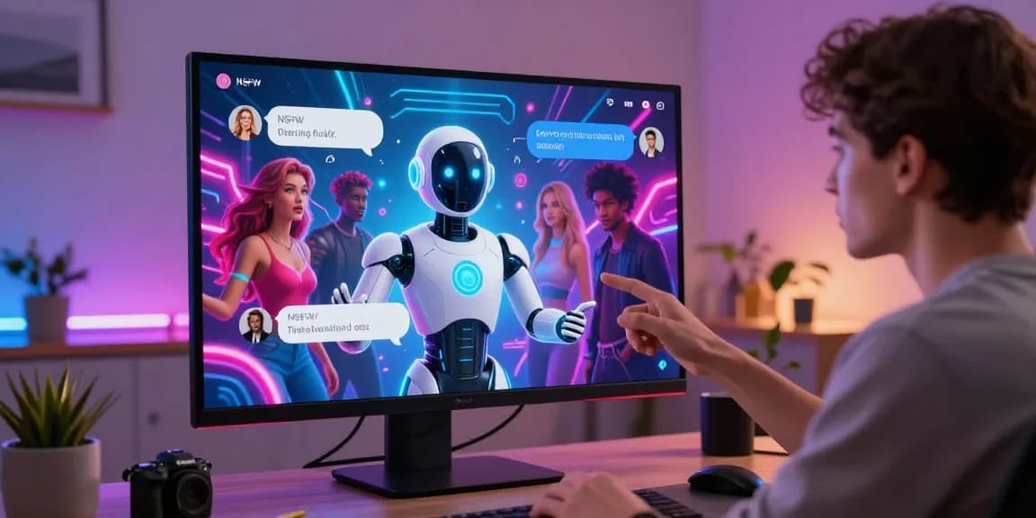 Engaging ai chat porn experience in a vibrant digital environment with animated characters and sleek technology.