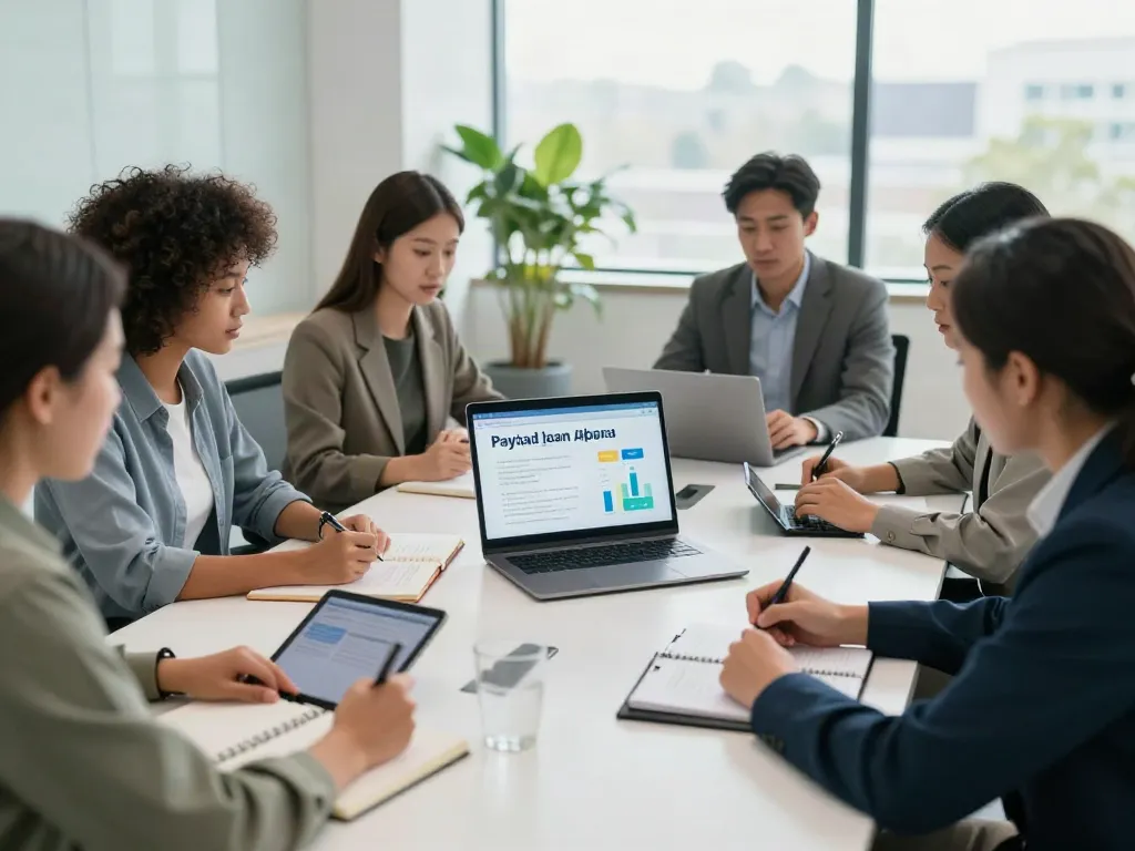 Payday Loans Co Alberta discussion in a modern office setting with diverse professionals.