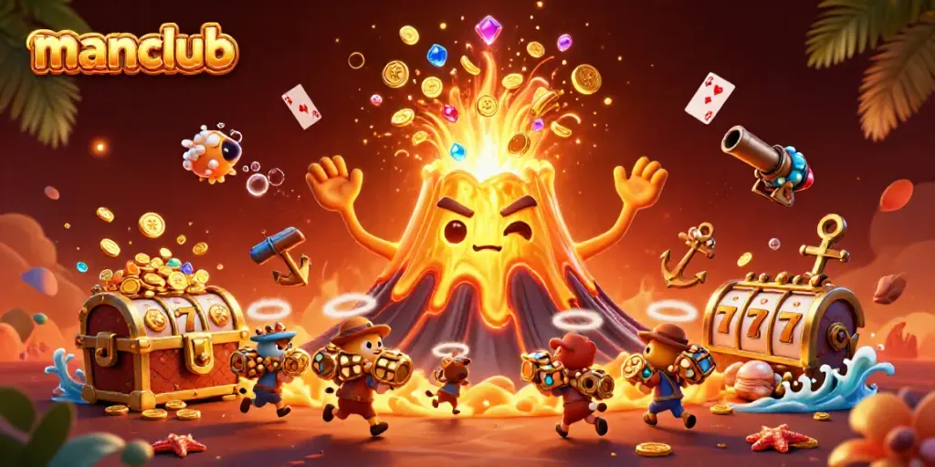 Experience the excitement at manclub with a golden volcano erupting coins and dazzling treasures in this vibrant casino scene.