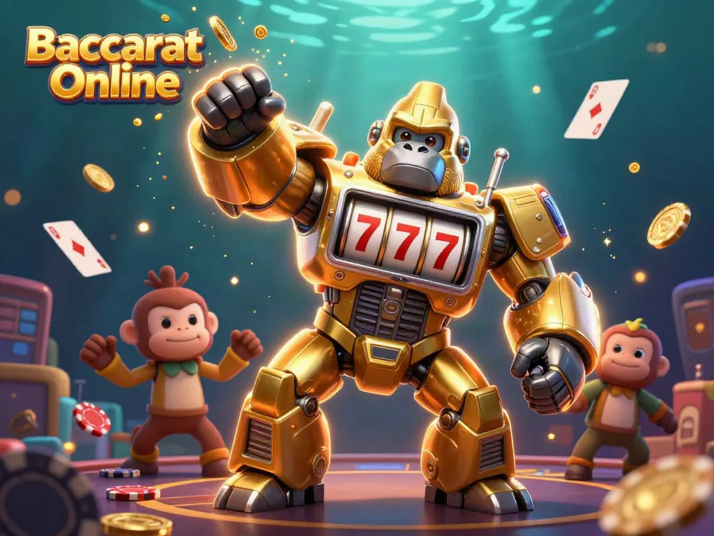 Experience Baccarat Online with excitement in this dynamic 3D illustration featuring casino-themed characters and elements.