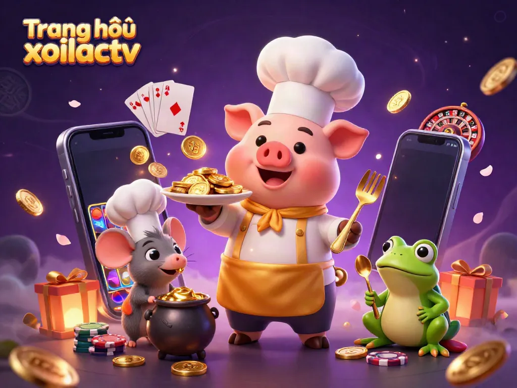 Engage with Trang chủ xoilactv's vibrant scene featuring a chef pig, mouse, and frog amidst casino elements