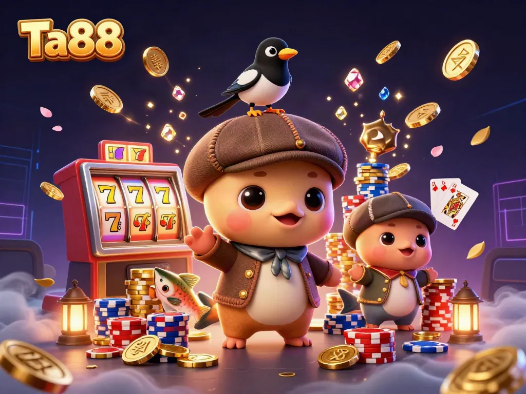 Experience the thrill of Ta88 with vibrant slot reels and playful characters in this exciting casino scene.