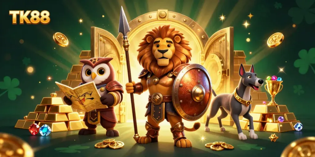 Experience the thrilling adventures at TK88 with a vibrant 3D casino scene filled with gold and excitement.