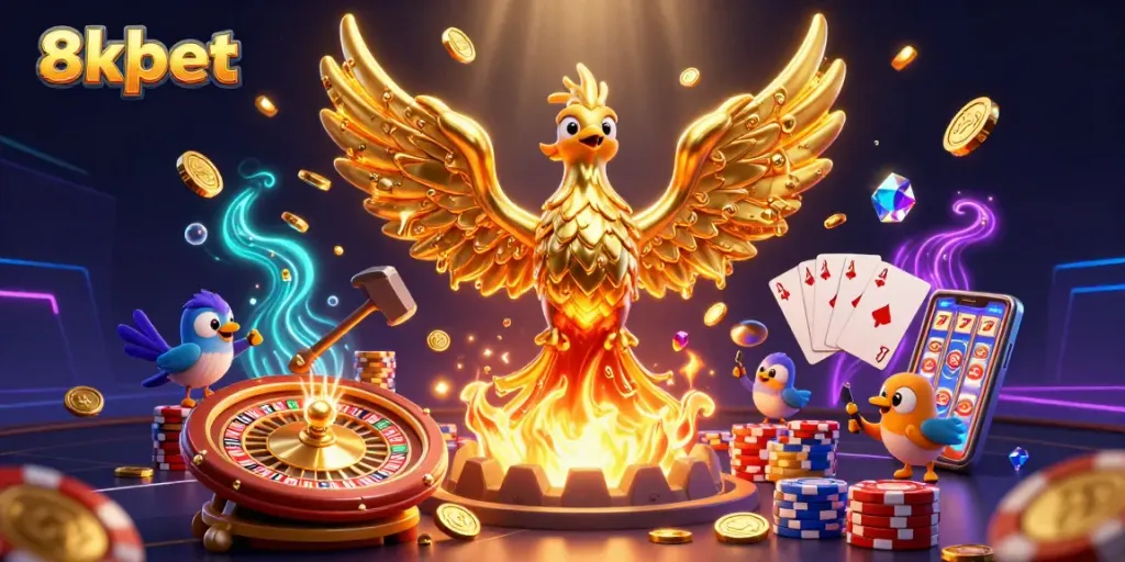 Experience the thrilling world of 8xbet with golden phoenixes and casino elements, illustrating exciting gameplay.