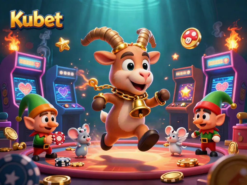 Kubet's casino adventure features Krampus, an angel mouse, and gremlins amidst vibrant gaming chaos.