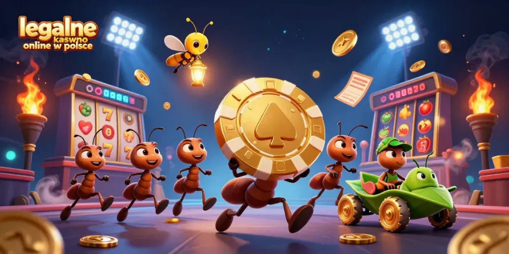 Experience thrilling action at legalne kasyno online w polsce with this dynamic illustration featuring ants heisting a giant poker chip.