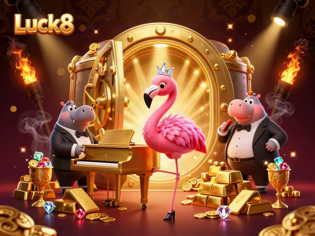 Experience Luck8's vibrant casino scene with dynamic characters, golden treasures, and rich visual elements.