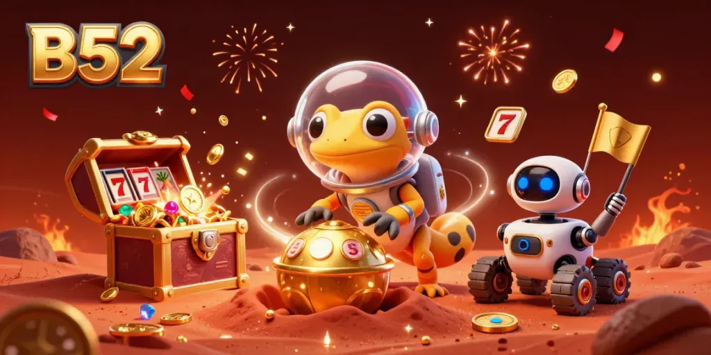 B52 casino adventure with a Martian gecko discovering a hidden gambling paradise.