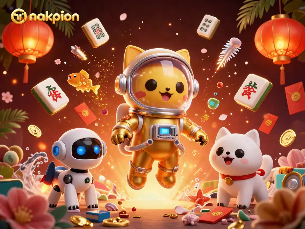 Join the thrilling adventure of anakpion with a golden-suited astronaut cat and robotic dog amidst festive casino elements.