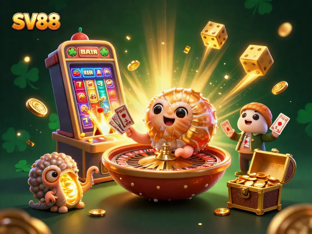 Experience the excitement of SV88 with a vibrant casino celebration, showcasing a giant nautilus roulette wheel and jackpot elements.