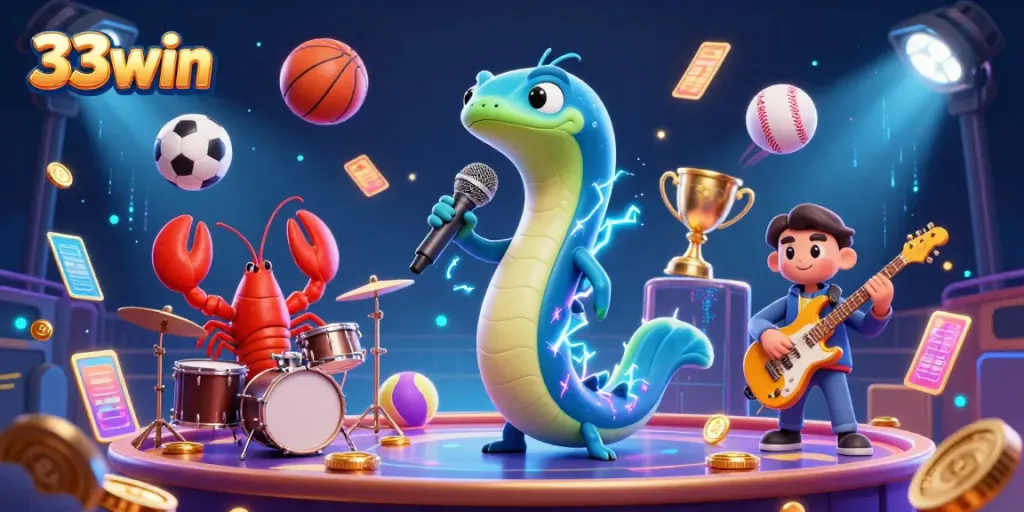 33win casino scene featuring an electric eel DJ, lobster drummer, and seahorse guitarist performing.