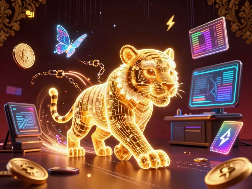 Experience the excitement of 999sl with a neon-wireframe tiger amid crypto coins in a digital casino.