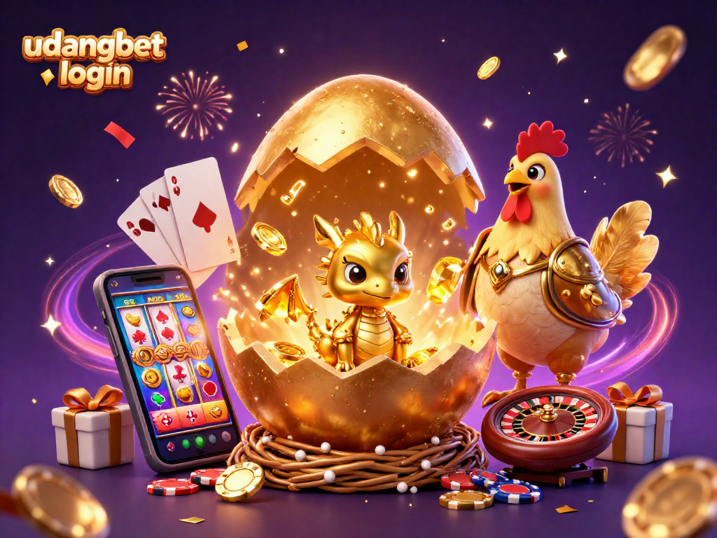 Experience the udangbet login excitement with a dynamic casino scene featuring golden elements and magical effects.