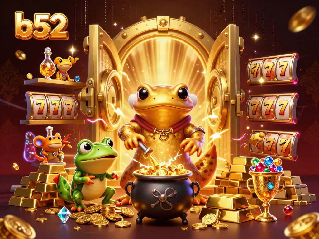 Experience b52 gaming magic with our vibrant 3D illustration of alchemists in a treasure-filled casino.