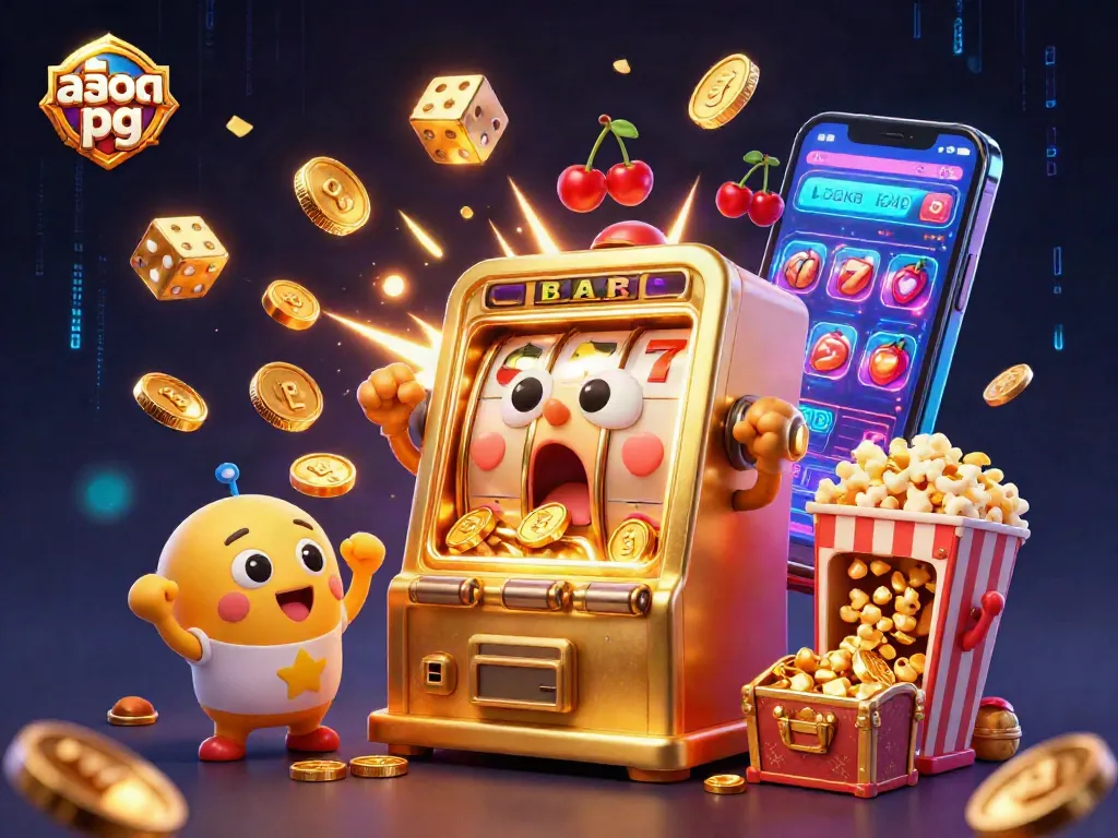 Celebrate big wins with สล็อต pg as a golden slot machine hits the jackpot amidst festive casino elements.