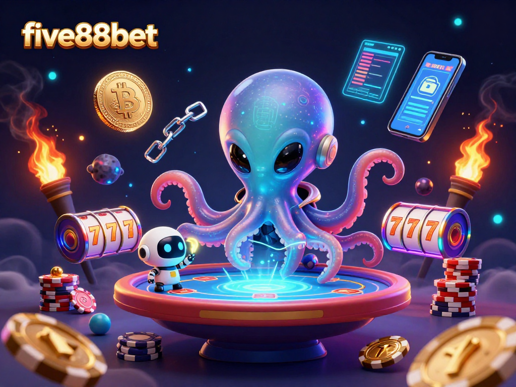 Engage with five88bet’s vibrant animated scene featuring an alien octopus at a holographic poker table.