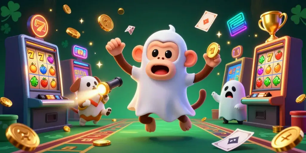 Join the action at hitclub as the mischievous poltergeist monkey juggles golden treasures in a lively casino atmosphere.