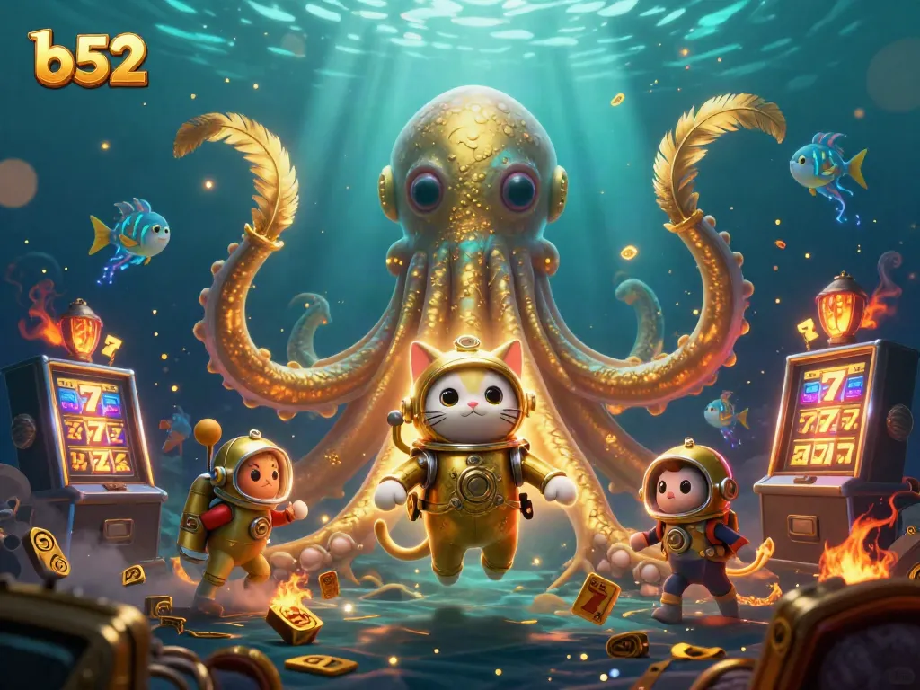 Engage with b52-themed casino adventures featuring a kraken, diving cat, and slot machines.