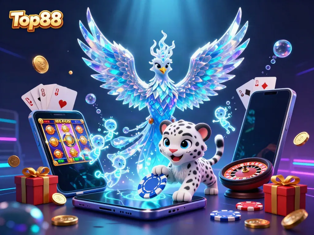Experience the magic of Top88 in this vibrant 3D illustration showcasing an ice phoenix, slot games, and poker elements.