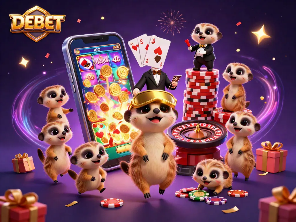 Engage with DEBET and enjoy the excitement of a vibrant casino scene featuring meerkats and slot games.