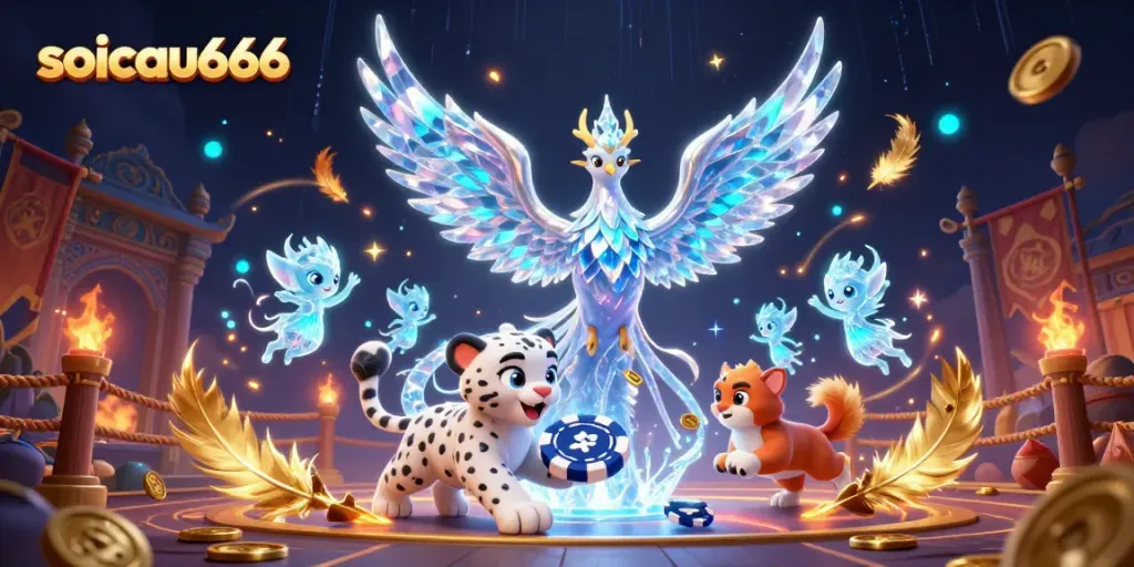 Engage with soicau666's vibrant casino scene featuring an ice phoenix and playful snow leopard.