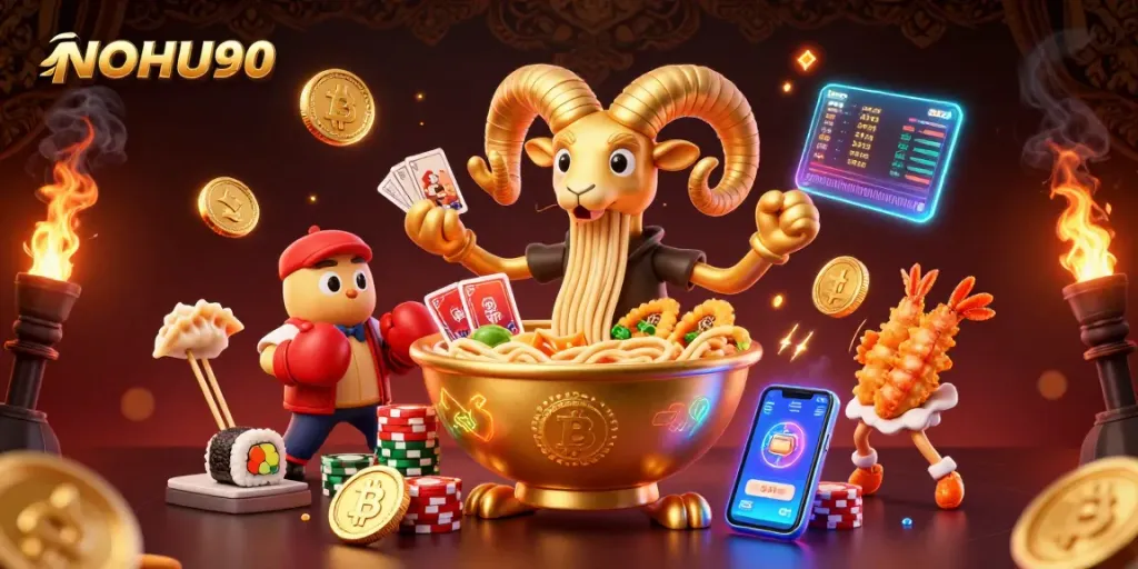NOHU90 controls vibrant slots action with golden ramen bowl and sushi dealer, amid glowing crypto elements.