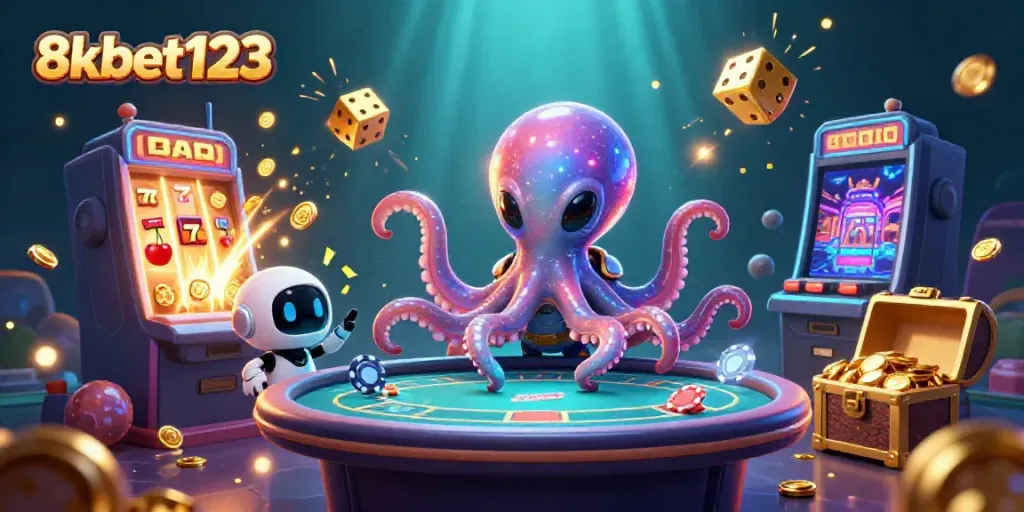 Engage in dynamic gaming with 8xbet123 as an alien octopus and robot companion offer vibrant casino action.