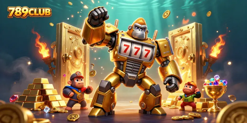 Engage with thrilling gameplay at 789CLUB, featuring a golden gorilla mech and dynamic casino elements.