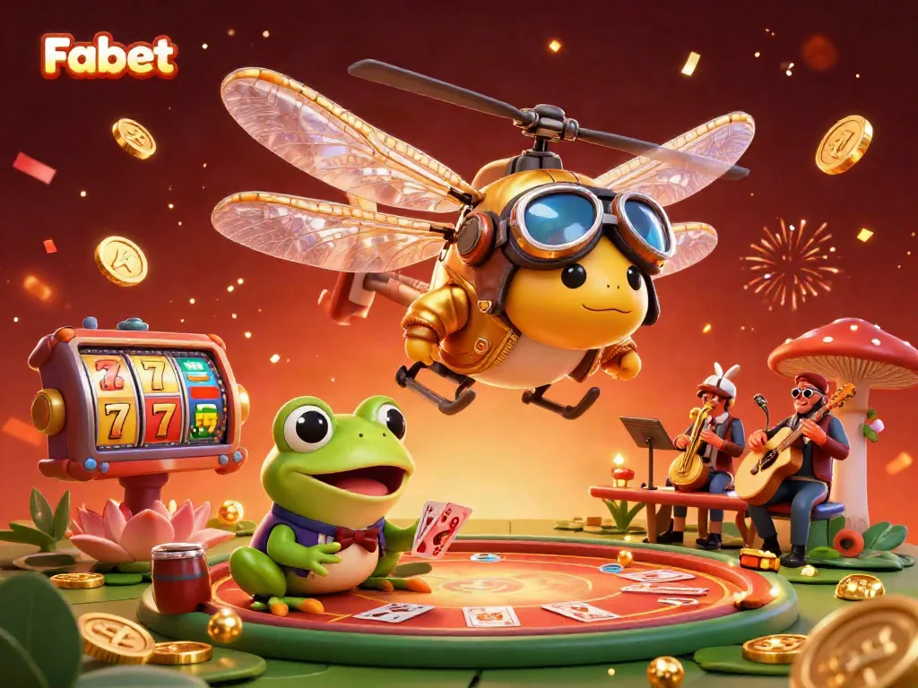 Experience Fabet's exciting gaming world with a vibrant dragonfly pilot, frog croupier, and lively music.