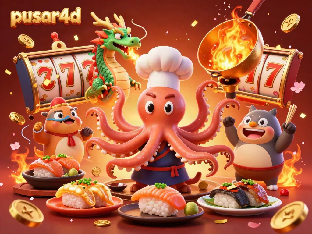 Pusar4d celebrates with a cartoon octopus chef, dragon, and tanuki amidst lavish casino slots.