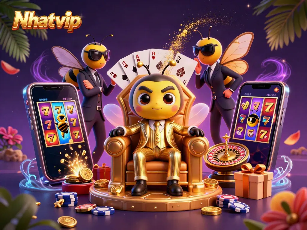 Nhatvip showcases a vibrant 3D illustration with casino elements and characters in a dynamic scene.