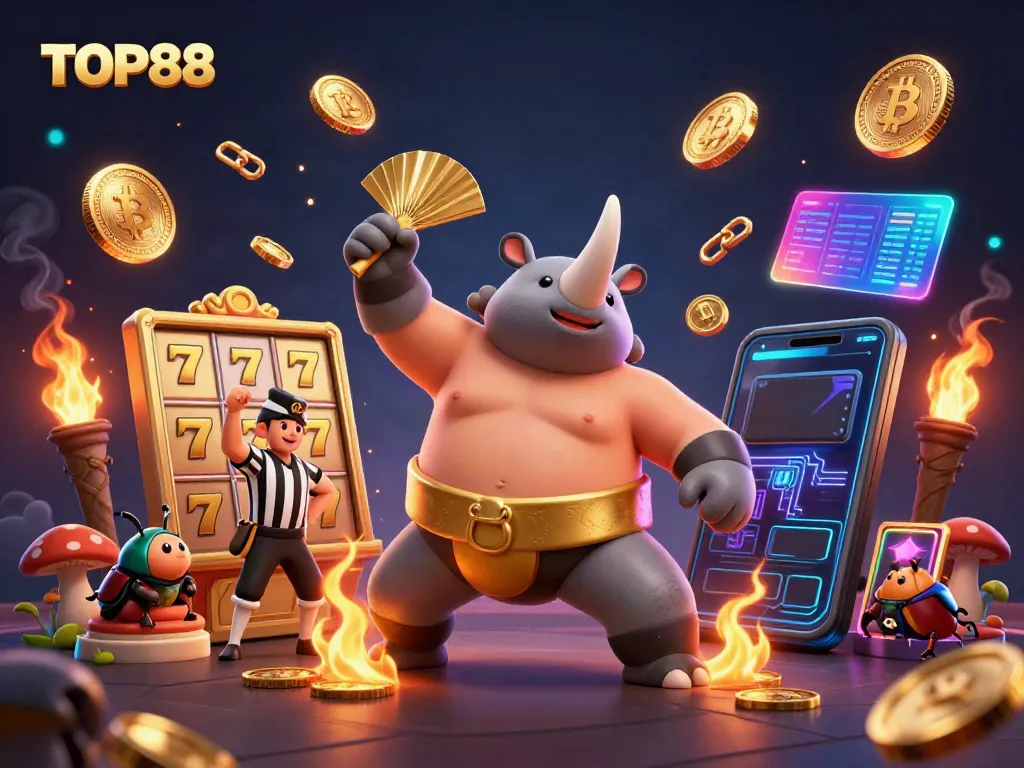 Experience TOP88's thrilling slot game action with a vibrant 3D illustration featuring beetles in a casino setting.