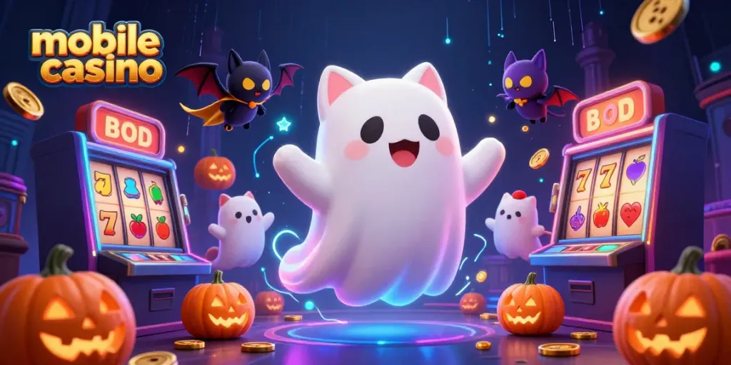 Experience the excitement of a mobile casino with a ghost cat and vibrant casino elements.