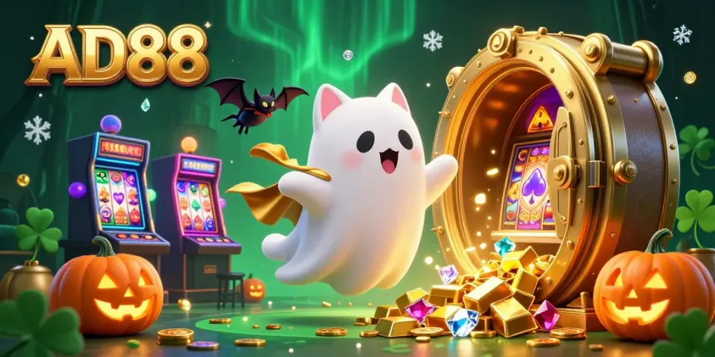 Experience thrilling gaming at AD88 with a vibrant 3D casino scene featuring a ghost cat, treasures, and festive decorations.