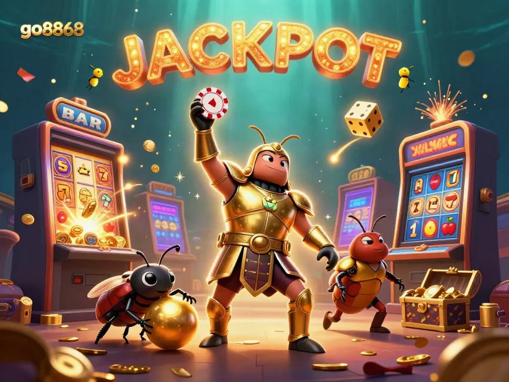 Experience the thrilling go8868 journey with a victorious hercules beetle in a colorful jackpot celebration.