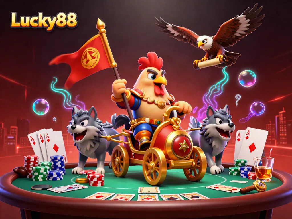 Experience winning at Lucky88 with our cartoon rooster warlord, poker chips, and casino ambiance.
