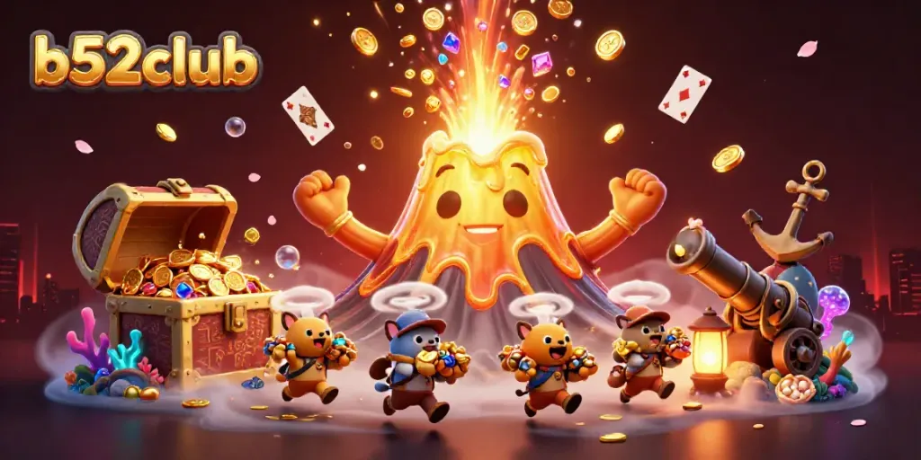 Engage with the b52club experience featuring a golden volcano erupting treasures in a vibrant 3D casino illustration.