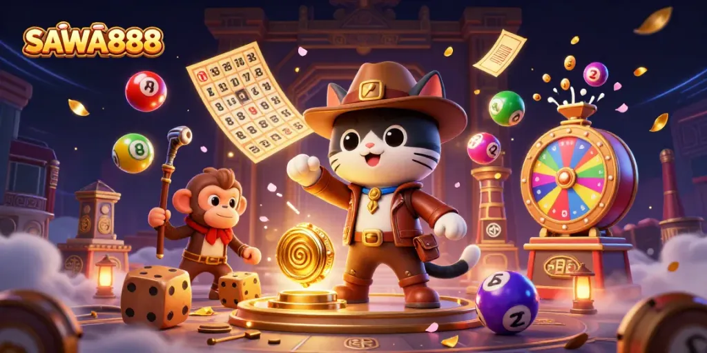 SAWA888 showcases a vibrant casino discovery scene with an archaeologist cat and monkey amid gaming treasures.