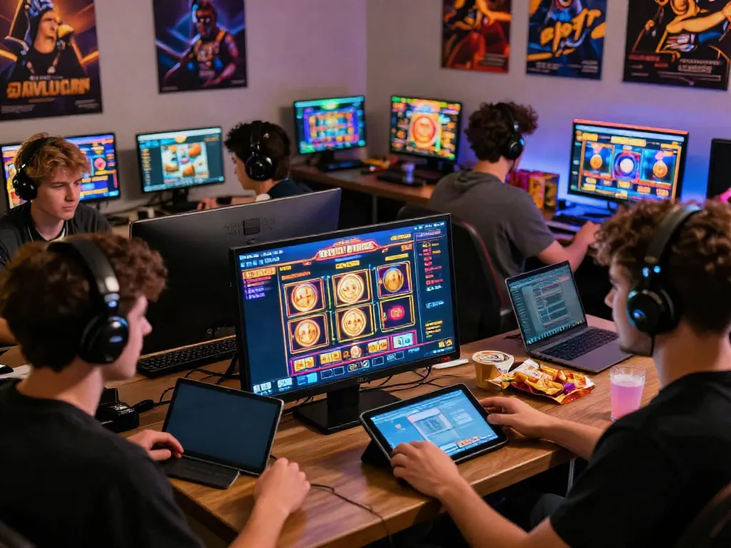 Engaged players enjoying situs slot gacor games on various devices in a vibrant gaming setting.