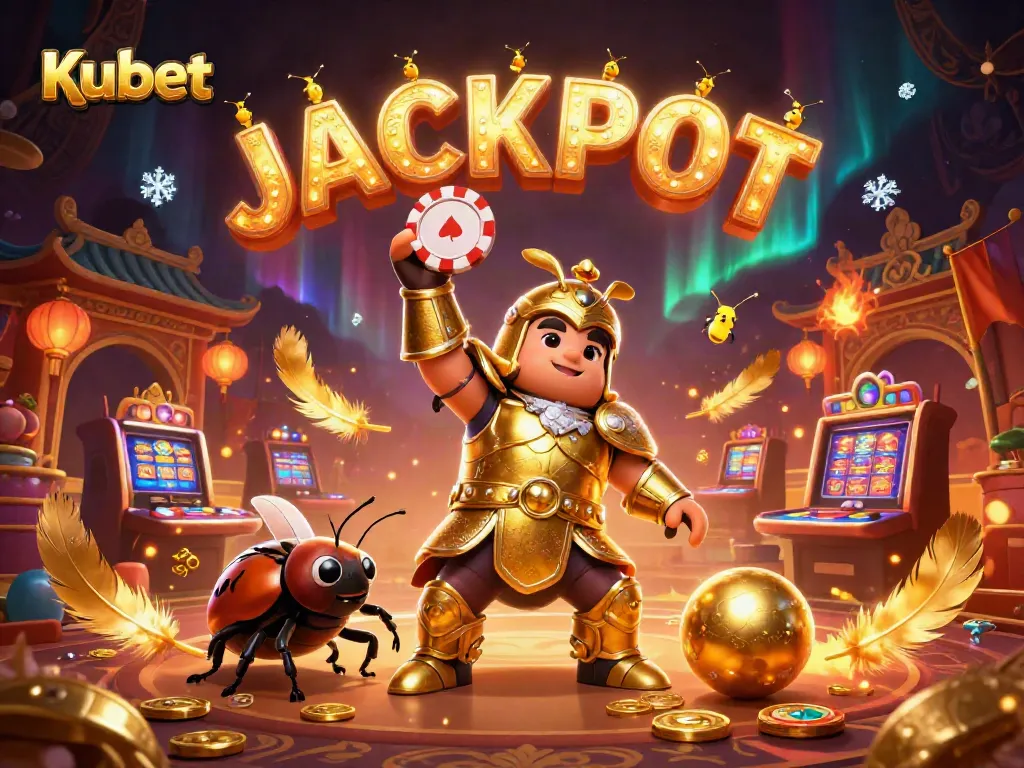 Kubet online betting illustration featuring cartoon characters celebrating a jackpot with golden coins and vibrant casino elements.