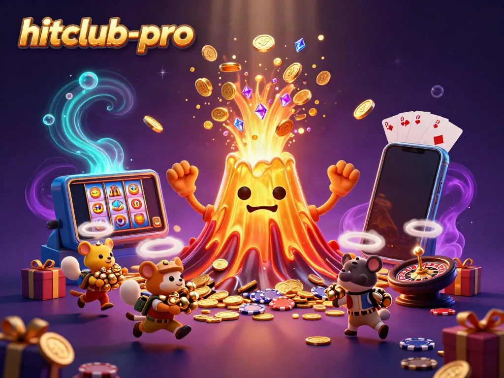 Experience the adventure of hitclub-pro as treasures erupt from a golden volcano in a vibrant casino scene.