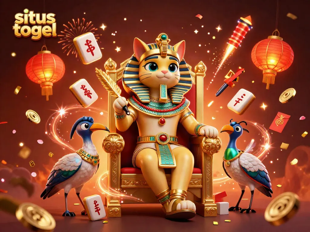 Experience exciting situs togel action with a vibrant scene featuring a pharaoh cat and festive elements.