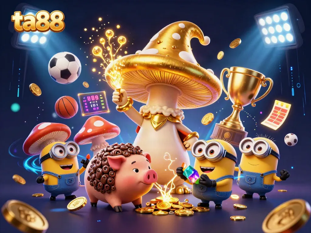 Experience winning at ta88 with a vibrant casino scene featuring magical characters and sports betting elements.