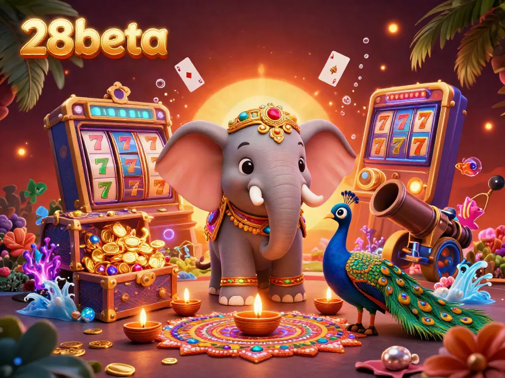 Experience the excitement of 28beta's casino world with colorful jackpot elements and vibrant characters.