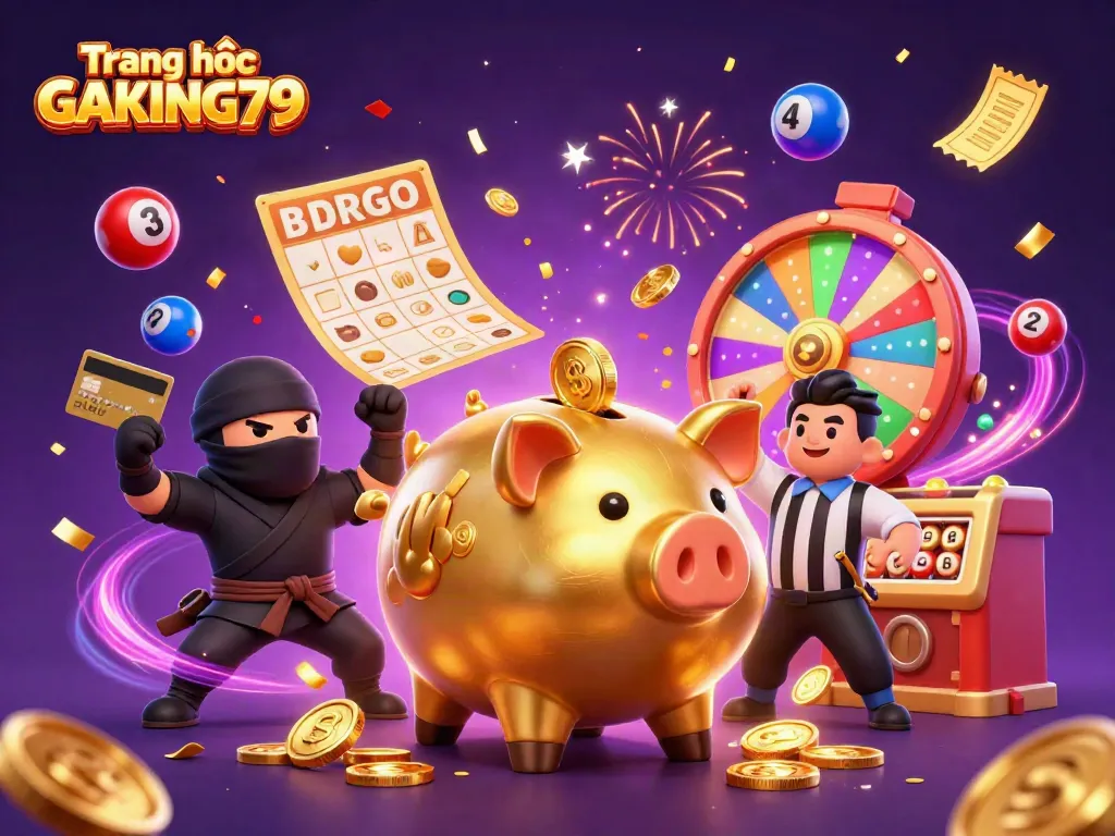 Watch the dynamic scene of Trang chủ GAKING79 with a sumo piggy bank and characters celebrating winning moments.