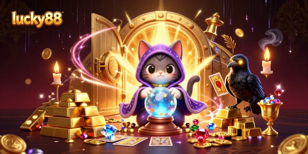 Spin the reels in a vibrant lucky88 themed casino scene filled with treasure and magic.
