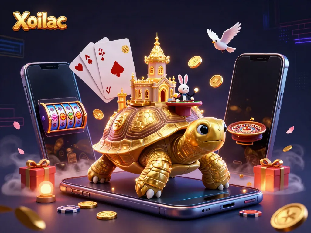 Xoilac features a golden tortoise casino scene with a rabbit dealer and lots of coins and casino elements.