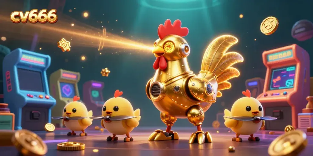 Engage with cv666's vibrant 3D casino scene featuring a golden rooster robot and arcade elements.