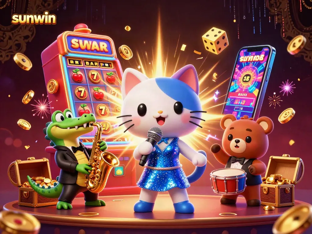 Experience the thrill with Sunwin's vibrant 3D casino scene featuring lively game elements and charismatic characters.