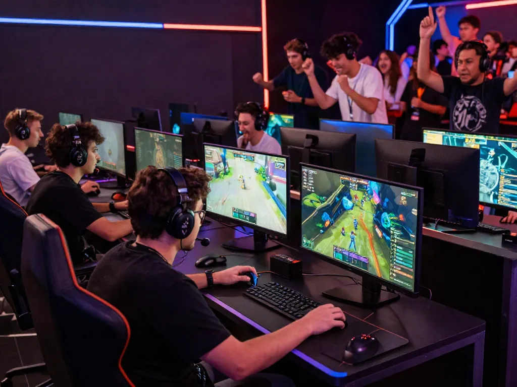 Hit club gaming tournament scene with players immersed in competition.